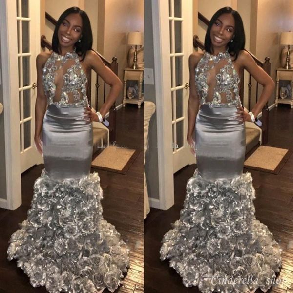 

African Silver Mermaid Prom Dresses With 3D Flower Appliques Halter Backless Sweep Train Black Girl Evening Party Dresses Red Carpet Gowns