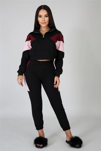 

womens tracksuits long sleeve zip neck womens panelled two piece sets sports ladies casual tracksuits, Gray
