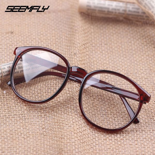 

seemfly men women glasses frame retro big round frame spectacles eyewear clear lens female male leopard vintage eyeglasses, Black