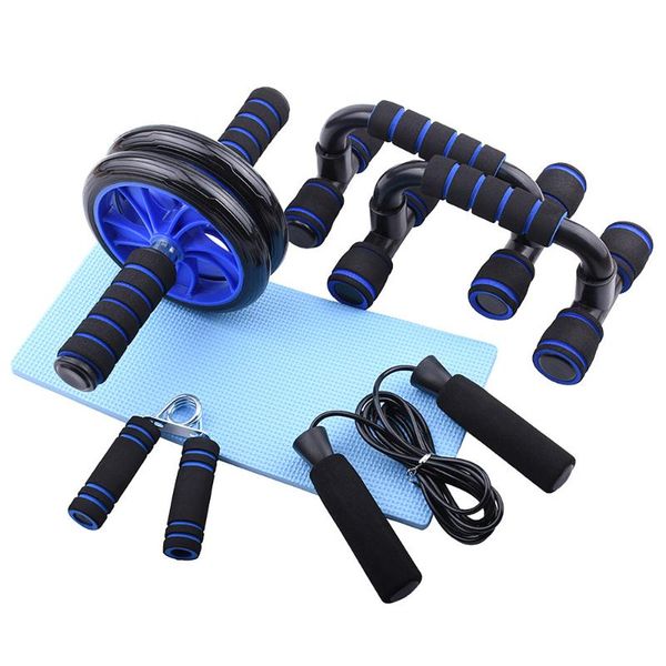 

6 pcs home gym fitness set abdominal roller wheel push up bars hand gripper jump rope knee pad pack kit