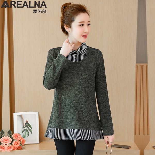 

plus size 5xl fake two pieces women blouses clothing 2019 winter kimono vintage women's loose knit stripe shirt blusas, White
