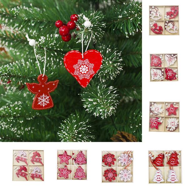 

wooden christmas tree hanging ornament decoration bells star elk snowflake set with box xmas pendant newest