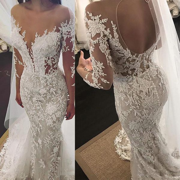 

exquisite lace jewel neckline mermaid wedding dresses with beaded long sleeves lace appliques plus size bridal gowns vestido de novia, White