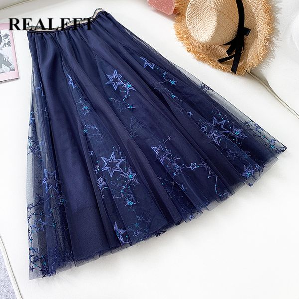 

realeft new arrival women embroidery printed mesh elegant ball gown long skirts high waist harajuku tulle a-line mid-calf skirt, Black