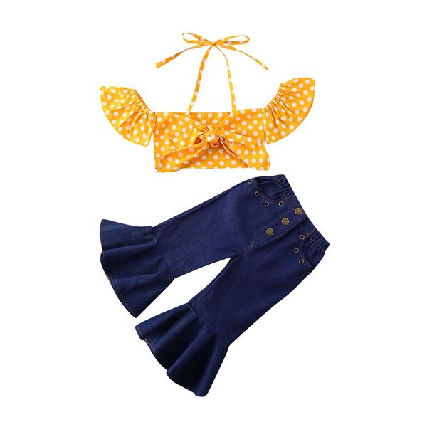

1-6y infant kids baby girls clothes sets polka dot off shoulder belt t shirts +denim blue flare pants holiday summer outfits, White