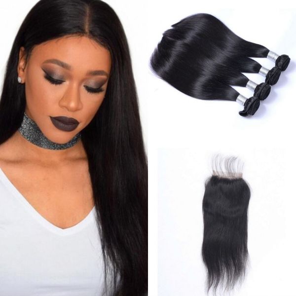 

lace closure with bundles human hair mongolian straight bundles with closure natural color virgin hair weaves closure, Black;brown
