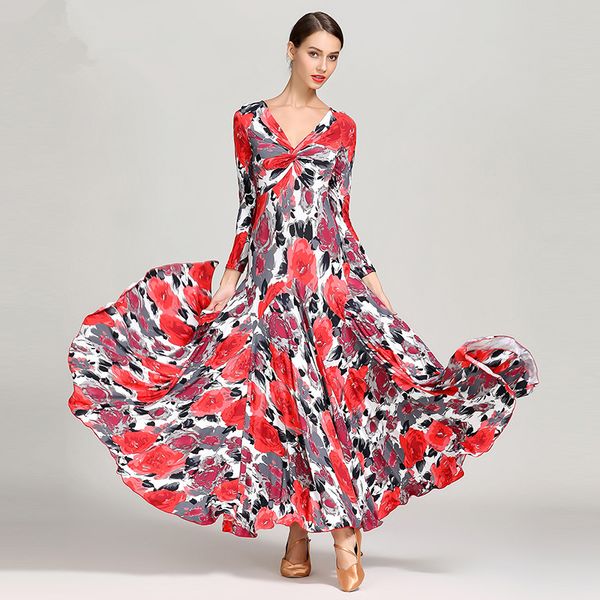 

modern dance wear women ballroom dance training skirt waltz rumba tango performance suit printing dress full-skirted dress s9045, Black;red
