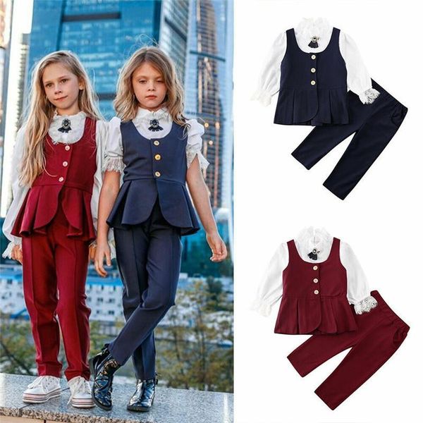 

elegant kids girls 3pieces suits formal children girl sets lace white blouse+vest+pants 3pcs girl's autumn outfits clothes 2-7y