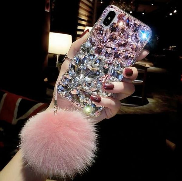 Capas de telefone celular de alta qualidade Bling Crystal Diamond Fox Fur Ball Pingente Capa para Iphone 11/12 Pro XS Max XR X 8 7 6S Plus Samsung Galaxy Note 9/10 S8/9/10 KK2J 1