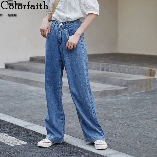 

colorfaith new 2020 women summer fall jeans high waist casual trousers straight denim streetwear wild wide leg long pants j8801, Blue