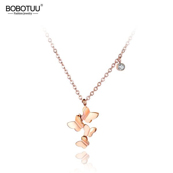 

bobotuu titanium stainless steel butterfly pendant necklaces jewelry cz crystal chain chokers necklace for women girls bn19004, Silver