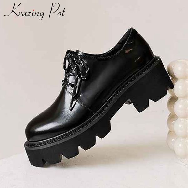 

krazing pot genuine leather solid preppy style vintage round toe lace up high heels thick bottom punk autumn women pumps l86, Black