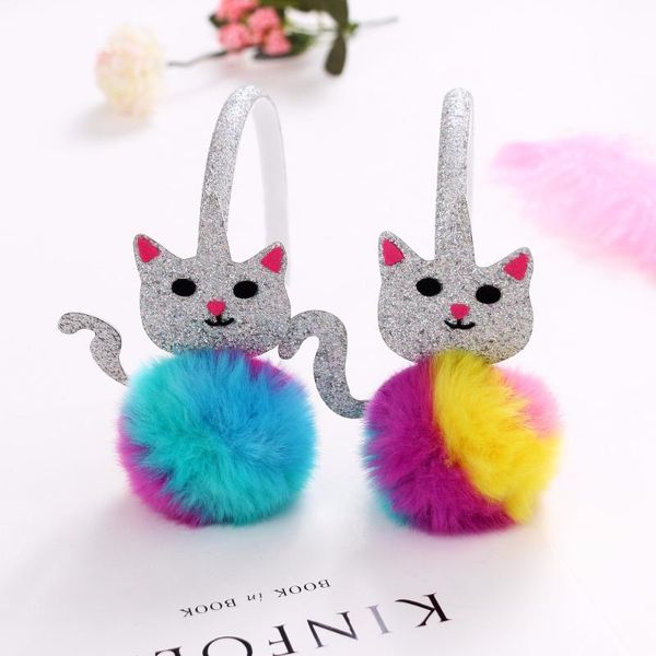 

boutique 5pcs fashion cute glitter cat hairbands solid gradient fur pom pom animal hard headbands princess hair accessories, Slivery;white