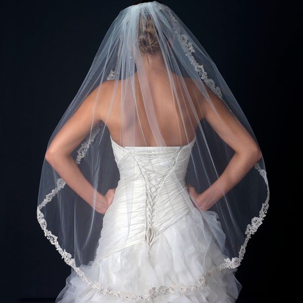 

2019 1m length bridal wedding veils one layer lace edge beaded ivory birdal veils wedding accessory wholesale, Black