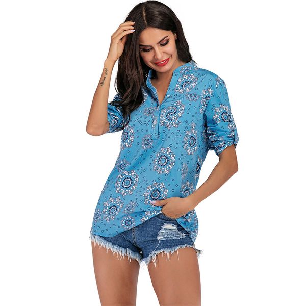 

women casual shirt print turn-down collar boho shirts long sleeve blouse slim womens 2019 fashion blue shirt blouse, White