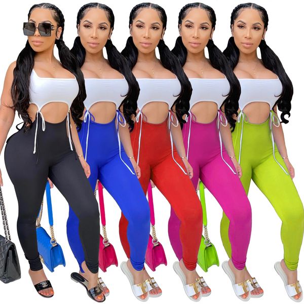 

fashion bandage women skinny jumpsuits 2020 summer contrast colors crew neck sleeveless hollow out stretchy rompers for party sports, Black;white