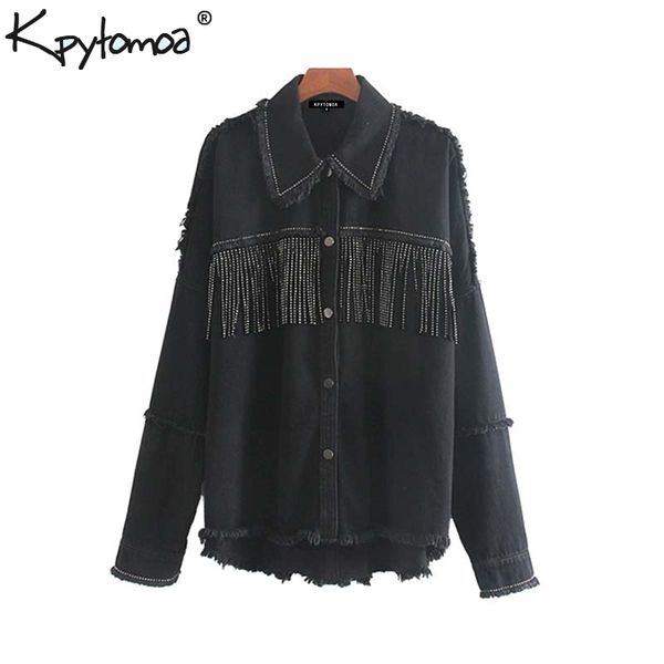 

vintage stylish fringe beaded oversized jacket coat women 2019 fashion long sleeve frayed trim ladies outerwear chaqueta mujer, Black;brown
