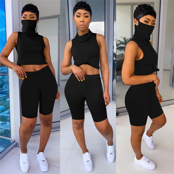 

2pcs women sports tracksuit turtleneck tank crop high waist biker shorts pants workout outfit summer casual 2 piece set 2020, White