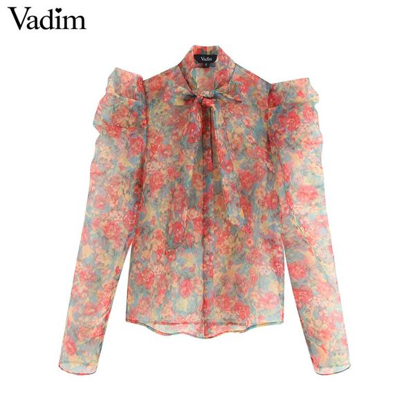 

vadim women floral organze blouse transparent style bow tie collar long sleeve female see through chic blusas lb311, White