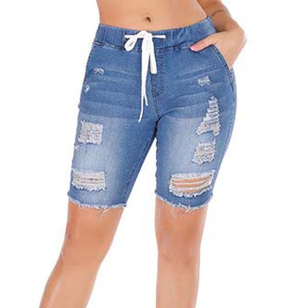 Jeans skinny al ginocchio da donna Jeans strappati nappa ginocchia sbiancate Fori a vita bassa Jeans a vita media con coulisse sottile casual Spedizione gratuita