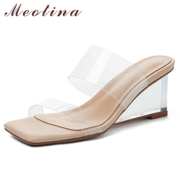 

meotina wedge high heels slippers square toe lady slides transparent high heel women footwear summer sandals beige apricot 2020, Black
