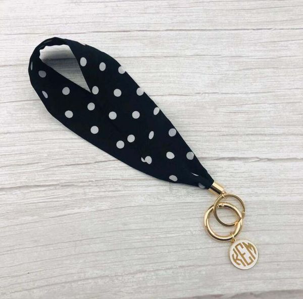 

delivery in china wholesale monogram cloth key chain new design monogram flower print fabric wristlet keychain with enamel pendant, Slivery;golden