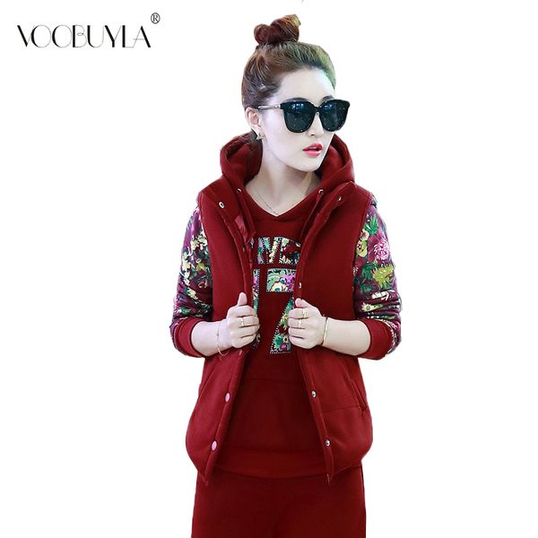 

women 3 piece set tracksuits autumn winter hoodies sweatshirt +vest +pants sport suit fleece plus size 3xl jogging running suit, Black;blue