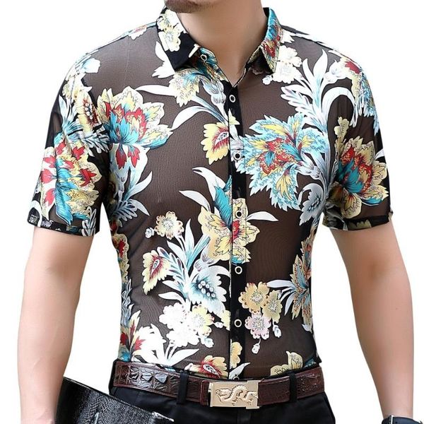 

big flower transparent short sleeve shirt men floral hawaiian camicia 2020 summer holiday lace shirt camisa social hombre, White;black