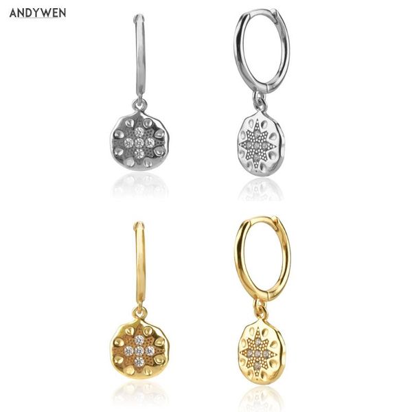 

andywen 2020 925 sterling silver irregular round drop earring 2020 circle women crystal cz zircon piercing ohrringe jewelry, Golden;silver
