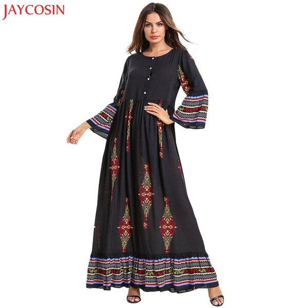 

jaycosin women muslim floral print long cotton maxi dress abaya jilbab dubai kaftan robe islamic black muslim dress plus size z4, Red