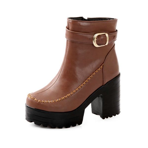 

block heels ankle boots for women platform shoes punk fashion zipper rubber sole round toe black shoes size 34-43