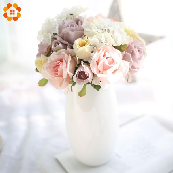 

1 bouquet rose with hydrangea artificial flowers european silk rose flower bouquet for diy home vase decoration wedding flowers