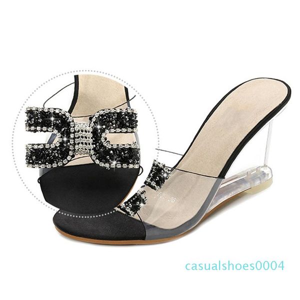 

dwayne new high heels crystal sandals women summer peep toe slippers female rhinestone transparent heel wedges sandals pumps ac04, Black