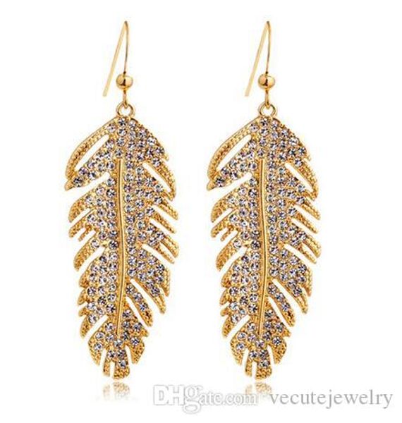 

wholesale silver gold 18k gold plated white gold austrian crystals feathers love dangle earrings for women wedding jewelry fashion earrings