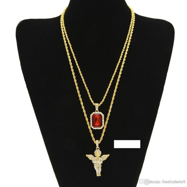 

mens iced out ruby necklace set brand micro ruby, angel, jesus,wing pendant hip hop necklace male jewelry gift wholesale, Silver