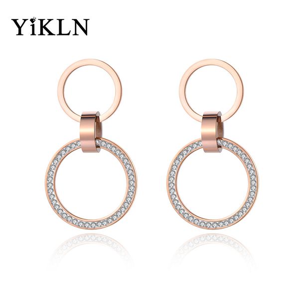 

yikln double circle titanium stainless steel stud earrings rose gold handmade clay white crystals ear jewelry for women ye19010, Golden;silver