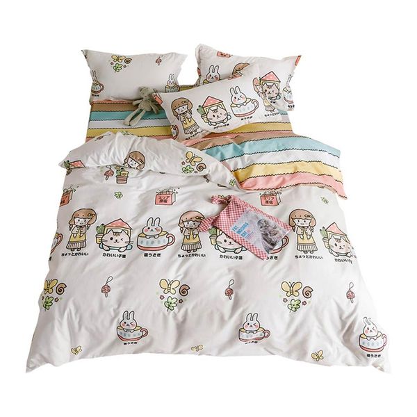 

cats girls cup bedroom cartoon duvet cover set flat fitted sheet cotton bedlinens hypoallergenic twin  size bedding set
