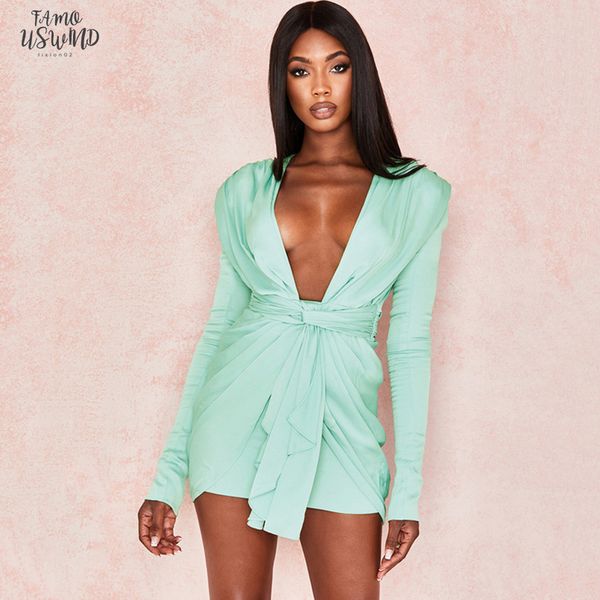 

l mini bodycon dress women wrap party club dresses bandage deep v neck elegant spring autumn dress 2020 new vestidos, Black;gray