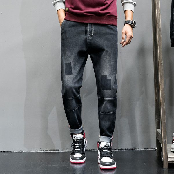 

autumn new jeans men fashion washed hole patch denim trousers man streetwear wild hip-hop stretch slim jeans male clothes, Blue