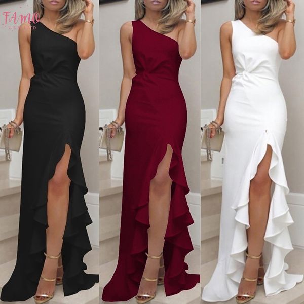 

2020 new autumn women dress one shoulder ruched sleeveless ruffle formal evening party dress slim maxi long dresses vestidos, Black;gray
