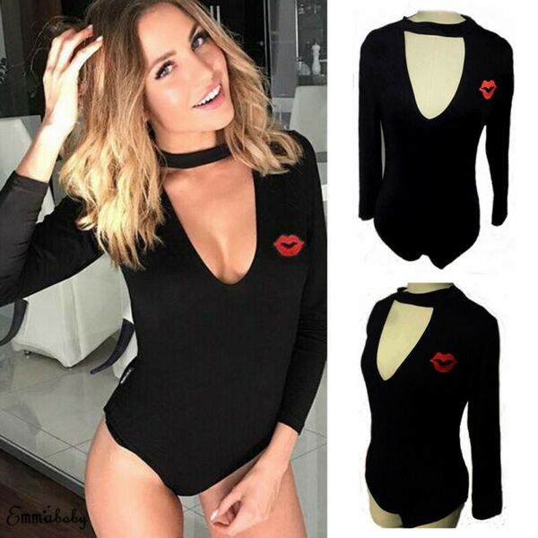 

women long sleeve bandage bodysuit elegant v neck leotard ladies black body fashion bodycon exy party club streetwear, Black;white