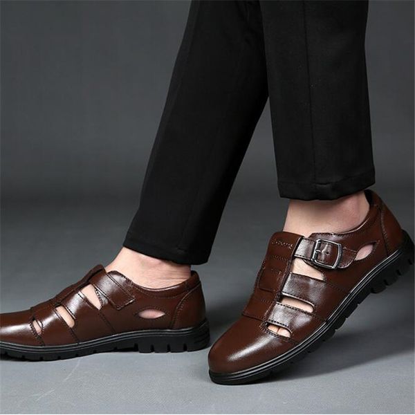 

sandals casual shoes men leather real male office mens summer fashion comfortable sandali gladiatore uomo, Black