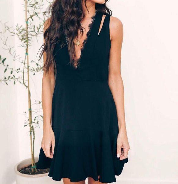 

summer dress women fashion black dress deep v lace crocket neck short mini dresses vestidos female summer sundress, Black;gray