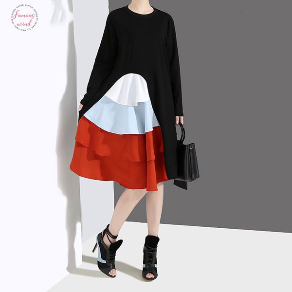 

2019 korean style women long sleeve spring dress black cascading ruffles female casual patchwork party dress robe femme 4660, Black;gray