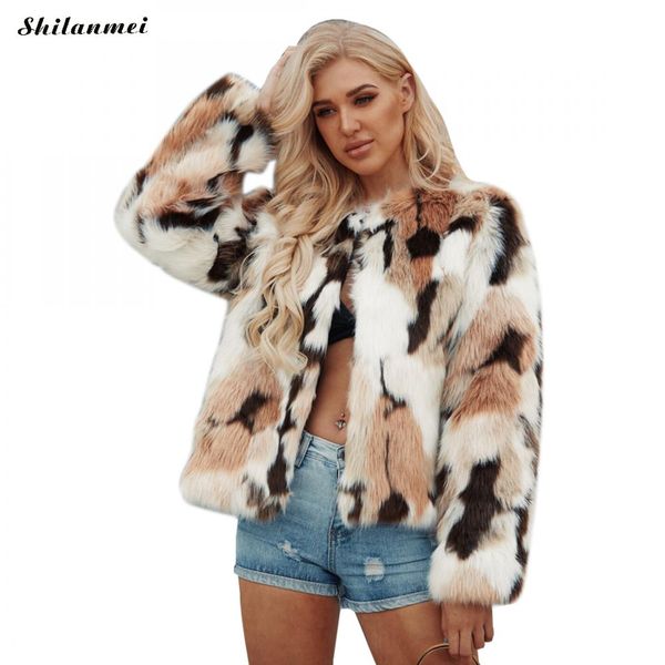 

geometric print women faxu fur jacket plus size short fur jacket 3xl ladies elegant fluffy outwear high street fashion coat, Black