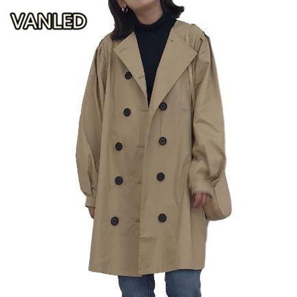

2018 korea chic fashion double breasted trench casual spring o-neck elegent outerwear, Tan;black