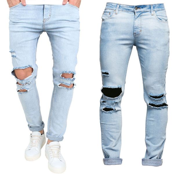 

men's trousers slim pant skinny runway straight elastic denim pants destroyed ripped jeans, Blue