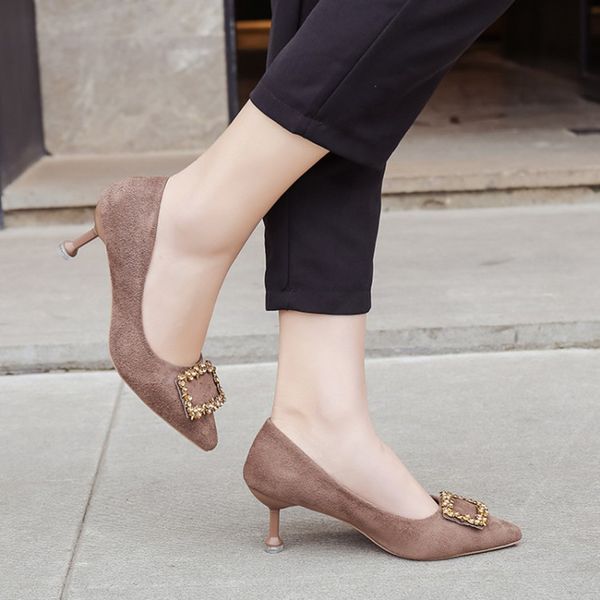 

women single shoes ladies spring casual pointed toe slip on shallow high heels single shoes work female big size 43, Black