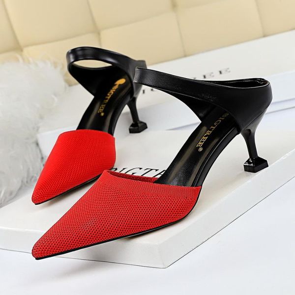 

slippers 2021 summer outside women 6.5cm high thin heel pointed toe fashion ladies shoes red female mules slides, Black