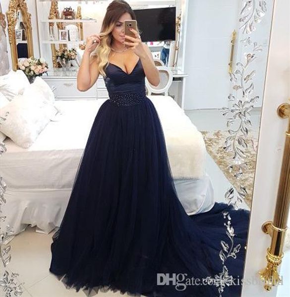 

navy blue prom dresses spaghetti bead waist tulle evening gowns cocktail party ball bridesmaid dress special occasion formal gown, Black